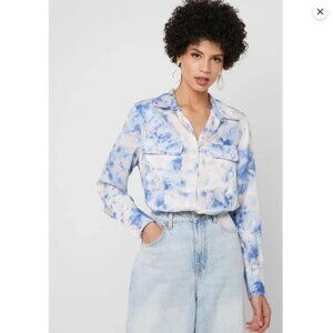 NWT Topshop Tie Dye Button Up Satin Finish Long Sleeves Blue Multicolor Size 4